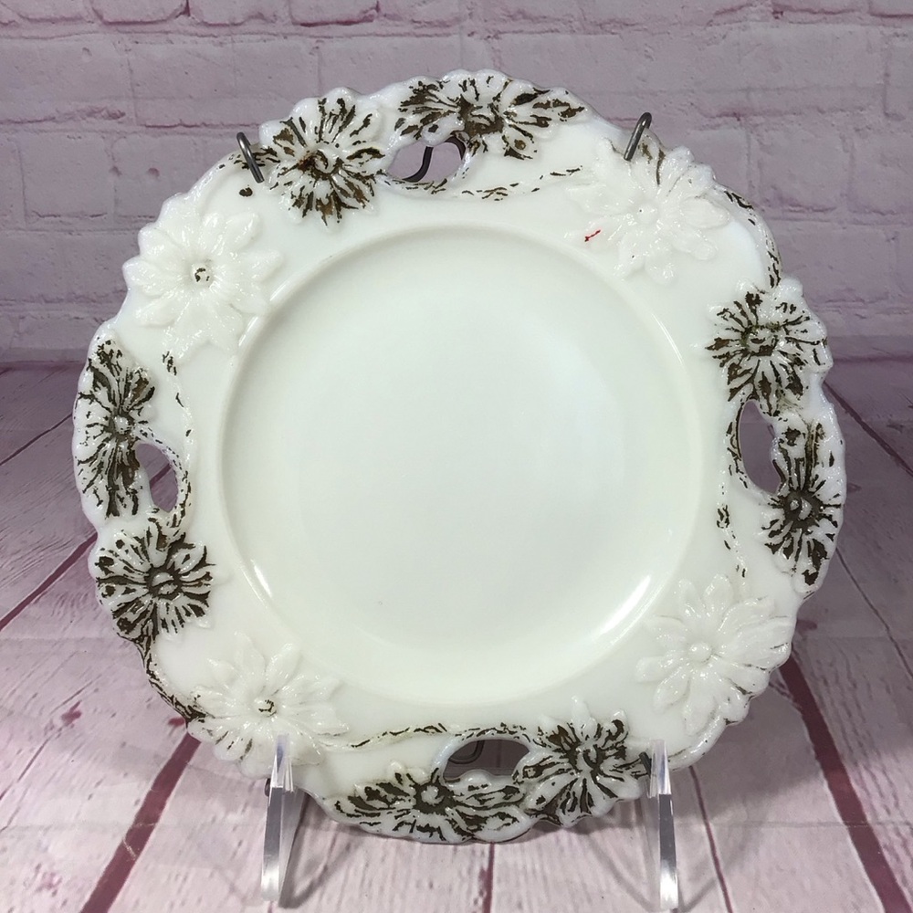 Vintage White Milk Glass Hand Painted Floral Plate